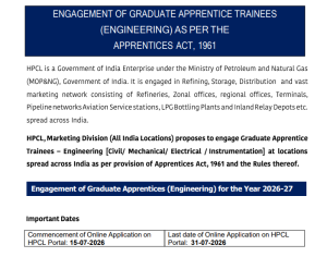 HPCL Graduate Apprentice Recruitment 2026