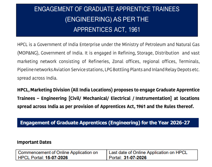 HPCL Graduate Apprentice Recruitment 2026