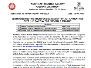 NFR Railway Apprentice Vacancy 2026 Apply Online