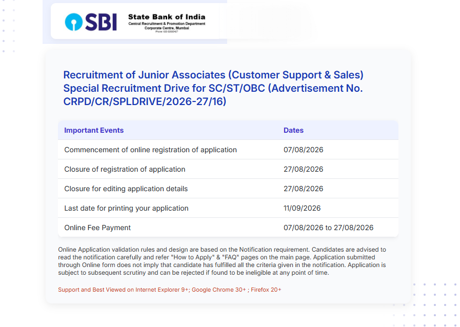 SBI Junior Associates Backlog Recruitment 2026
